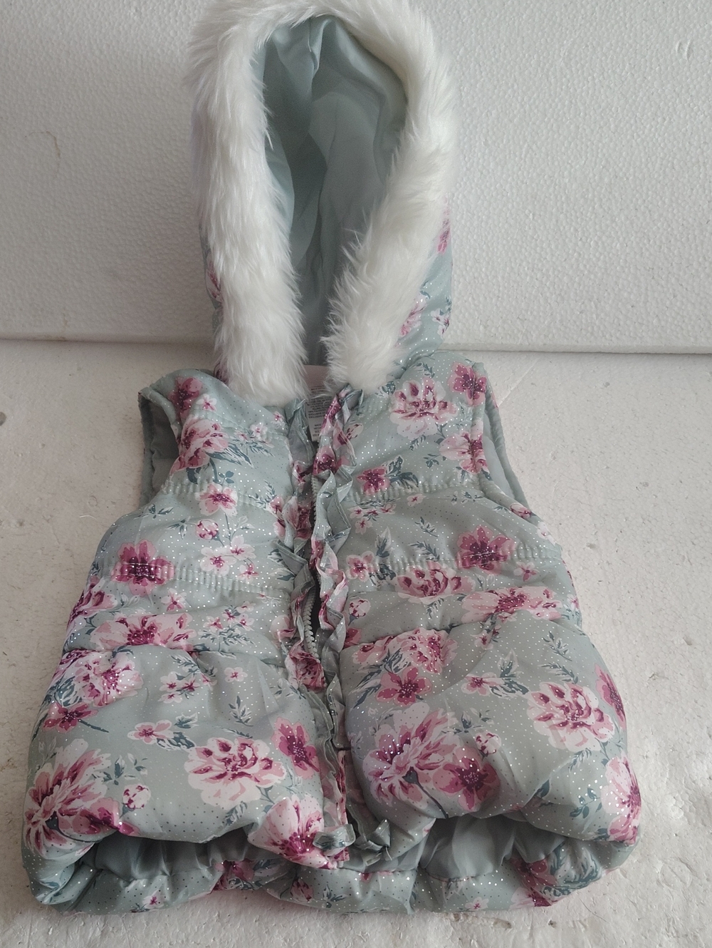 3T Girls Floral Puffer Vest with Faux Fur Hood - Light Teal & Pink